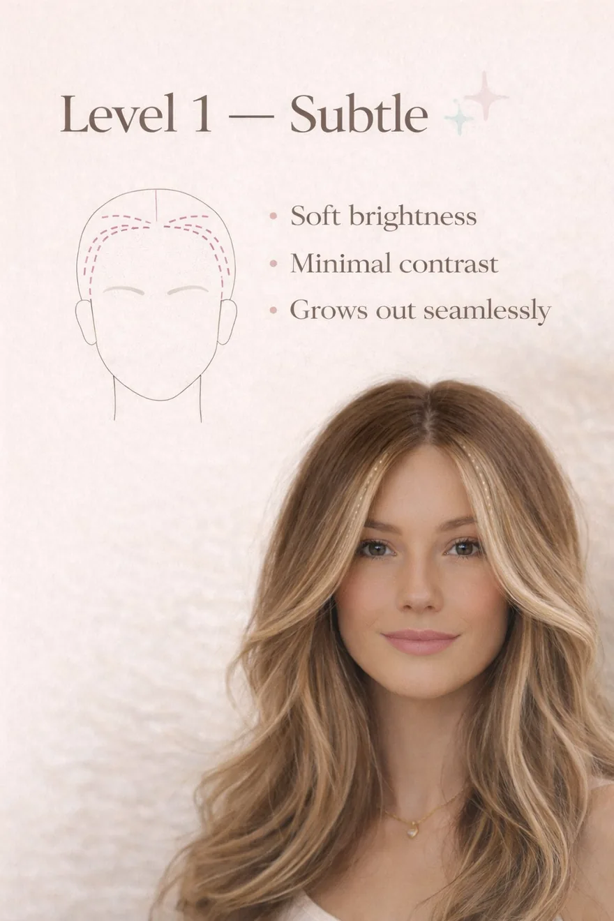 Level 1 — Subtle: soft brightness, minimal contrast, grows out seamlessly